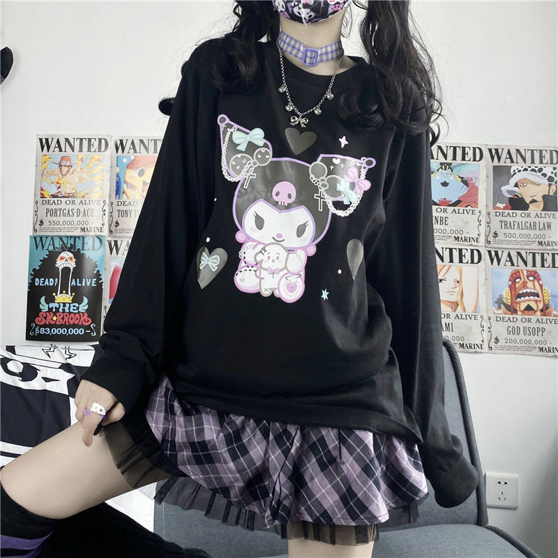 HOUZHOU Kawaii Cartoon Print T-shirts Frauen Schwarz Lose Japanischen Stil Harajuku T Gothic Y2k Lolita Top Streetwear Langarm