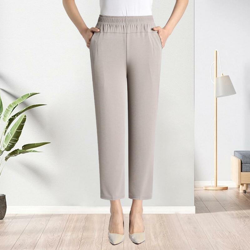 Calças elásticas de cintura alta com bolsos reforçados para mulheres, streetwear elegante para senhoras, casual e elegante, verão