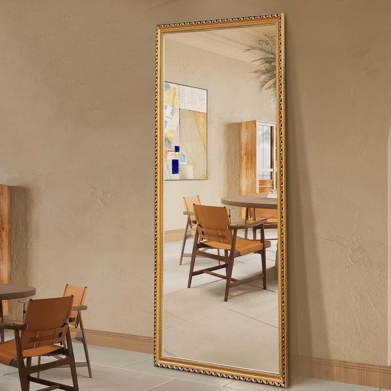 مرآة كاملة الطول مع حامل ، مرآة أرضية خشبية صلبة ، مرآة جسم كامل عتيقة مع حامل ، تميل ضد الجدار ، ذهبية ، 65x22 بوصة