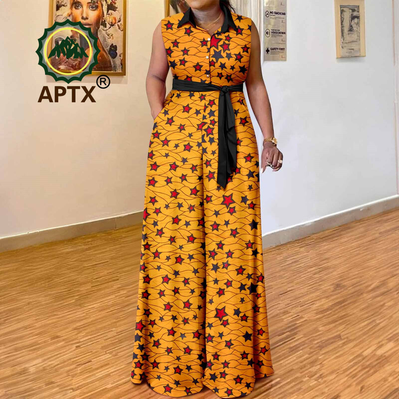 African Clothing for Women Ankara Print Sleeveles Casual Wide Leg Jumpsuits with Belt Dashiki Print Women Attire 2429002