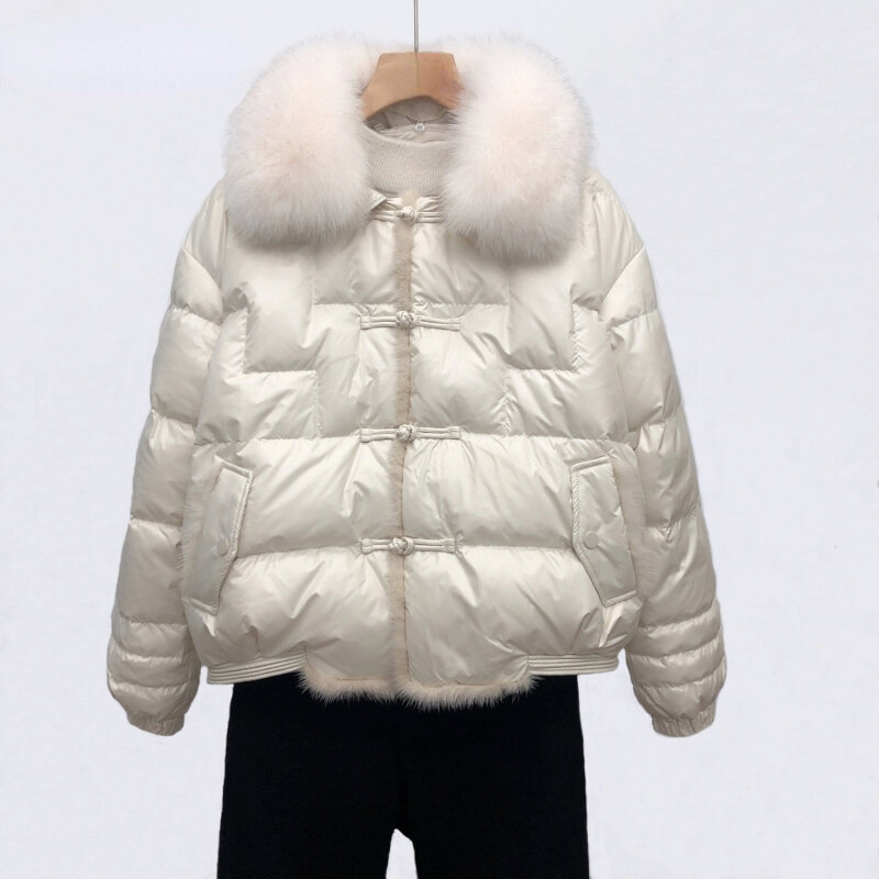 여성용 진짜 여우 모피 칼라 90% 화이트 덕 다운 재킷, 짧은 따뜻한 퍼퍼 코트, 여성용 루즈 빈티지 파카 재킷, 겨울