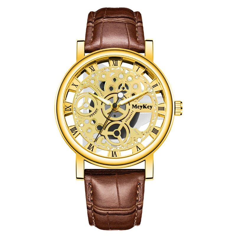 Reloj de pulsera redondo de cuarzo dorado, cronógrafo minimalista con correa de cuero, mecánico de negocios
