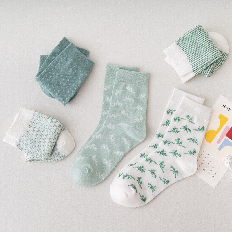 Heißer Avocado Grün Frauen Baumwolle Socken Vintage Print Gitter Matcha Farbe Atmungs Niedlich Japanischen Lässig Mädchen Kurze Socken