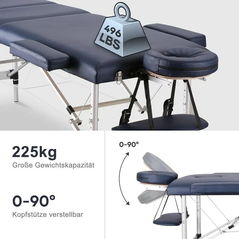 Mesa de massagem profissional portátil, Lash Spa, tatuagem cama, tatuagem ajustável cama, 3-Fold, alumínio pernas, Bolsa de transporte