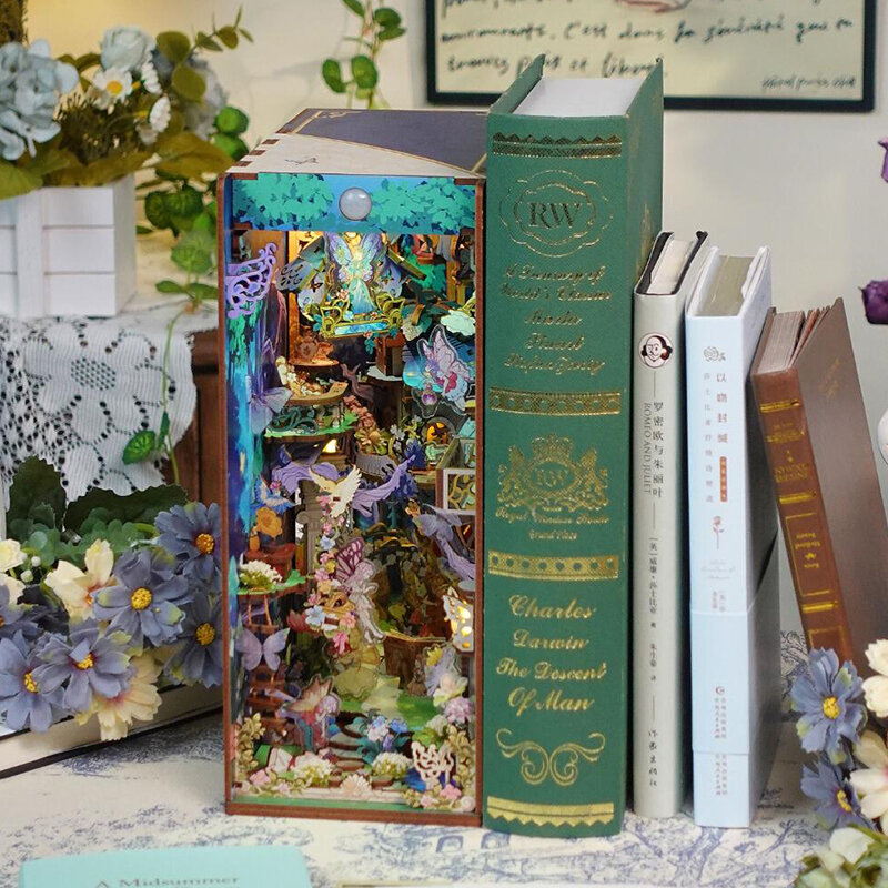 NEW DIY Wooden A Midsummer Night's Dream Book Nook Shelf Insert Kits Miniature Building Kit Bookshelf Assembled Bookends Gifts