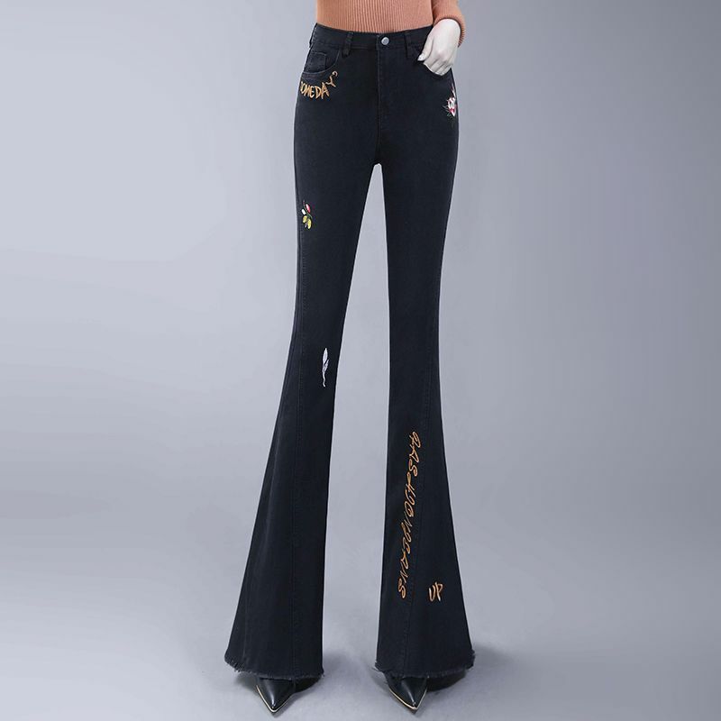 Fashion Korean Women Simple Casual Flare Jeans Spring Autumn New Black Embroidery Letter Office Lady Casual Straight Trousers