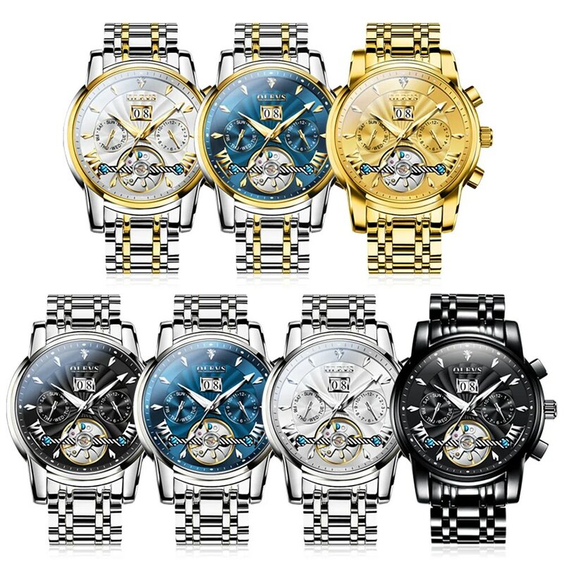 OLEVS jam tangan mekanis otomatis, arloji tali baja tahan karat warna emas asli, jam tangan Skeleton untuk pria