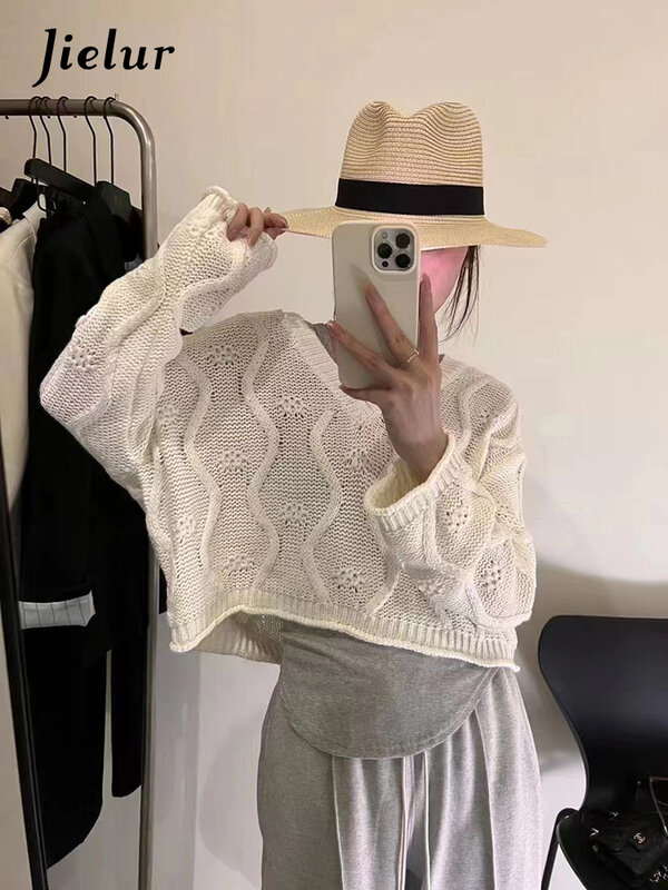 Jielur Autumn Loose Casual Korean Pullovers Woman Slim Fashion Knitted Pullovers Female White Grey Pink Yellow Pullovers Woman