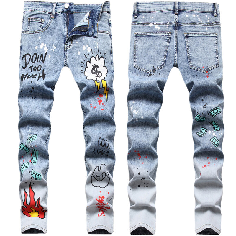 Autumn Fashion Casual Men's Jeans Pants Slim Fit and Stretchy Hip-hop Colorful Prints  Wash Slim-fit Denim Skinny Jeans  Men