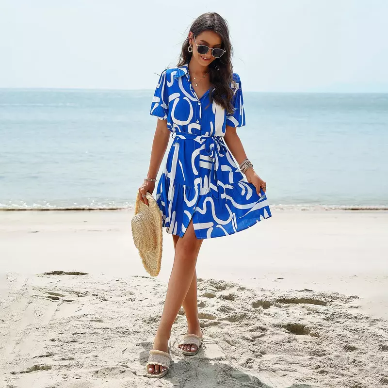 Yeae Temperament elegant bedrucktes Kurzarm kleid V-Ausschnitt Hemd Hals Gürtel Temperament elegantes Kleid Strand urlaub vielseitig