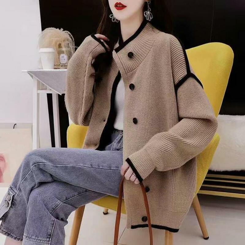 Women Jackets Sweater Coat Chic Knitted Cardigans Women Stand Collar Loose Fit Single Breasted Sweater Coat Jacket Streetwear