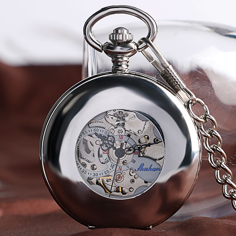 Silver Polishing Smooth Automatic Mechanical Pocket Watch Mens Self Winding Movement Antique Style Gift Half Hunter Pocket Clock