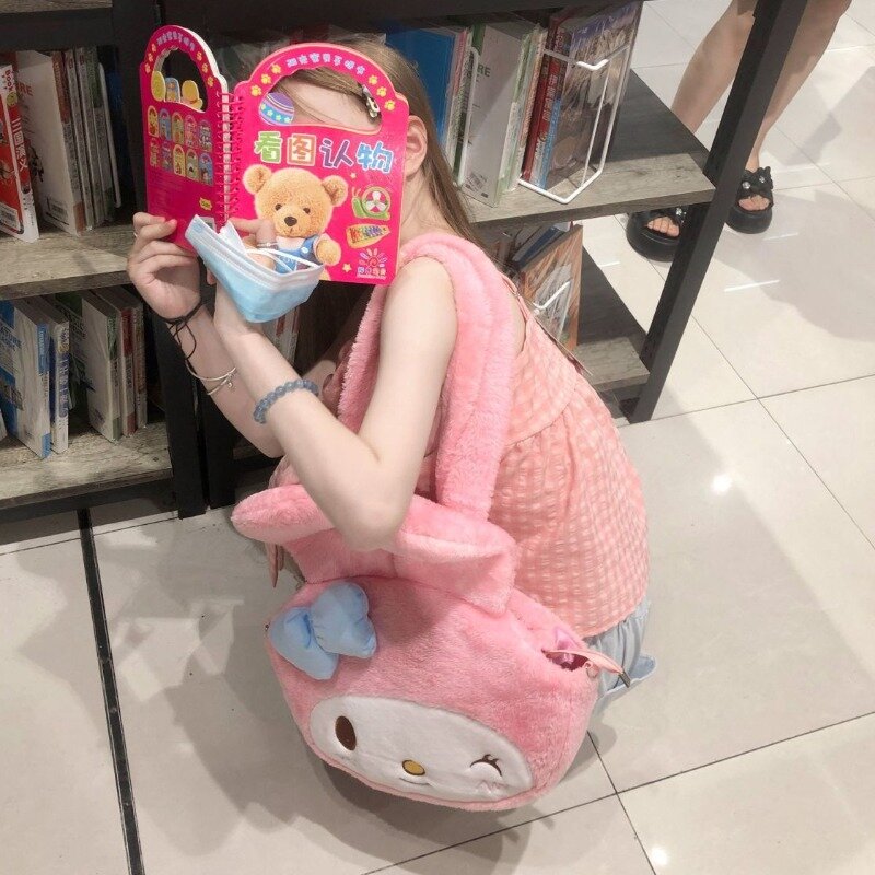 MBTI Y2k Melody Womens Shoulder Bag Plush Fluffy Cute Cartoon Original College Style Pink Backpack Casual Japanese Fashion Bag