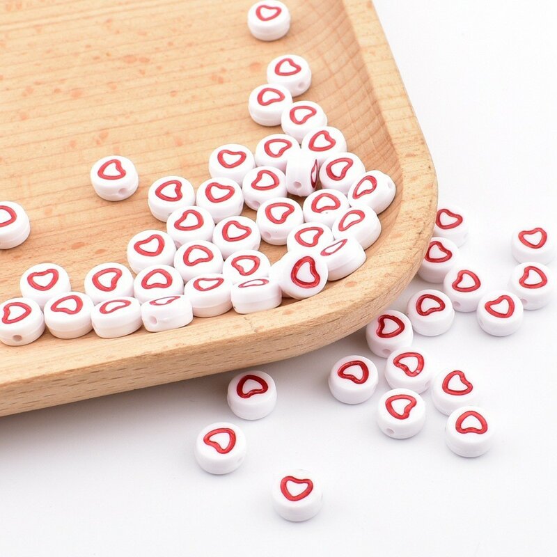 50pcs/lot 7*4*1mm DIY Acrylic letter beads Round white background pink Love beads for jewelry making