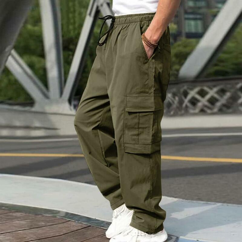 Pantalones Cargo para hombre, ropa de calle en la cintura con cordón, múltiples bolsillos, ajuste suelto, pantalones de pierna ancha, estilo informal