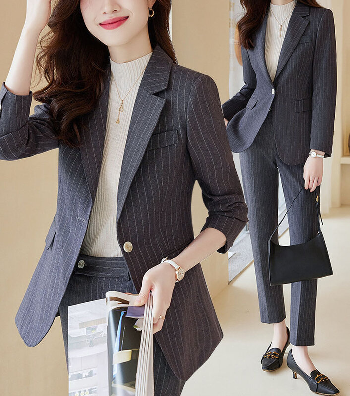 Tesco-Terno de escritório feminino, blazer e calça, jaqueta listrada, calças formais para senhora, 2 peças, roupas de entrevista