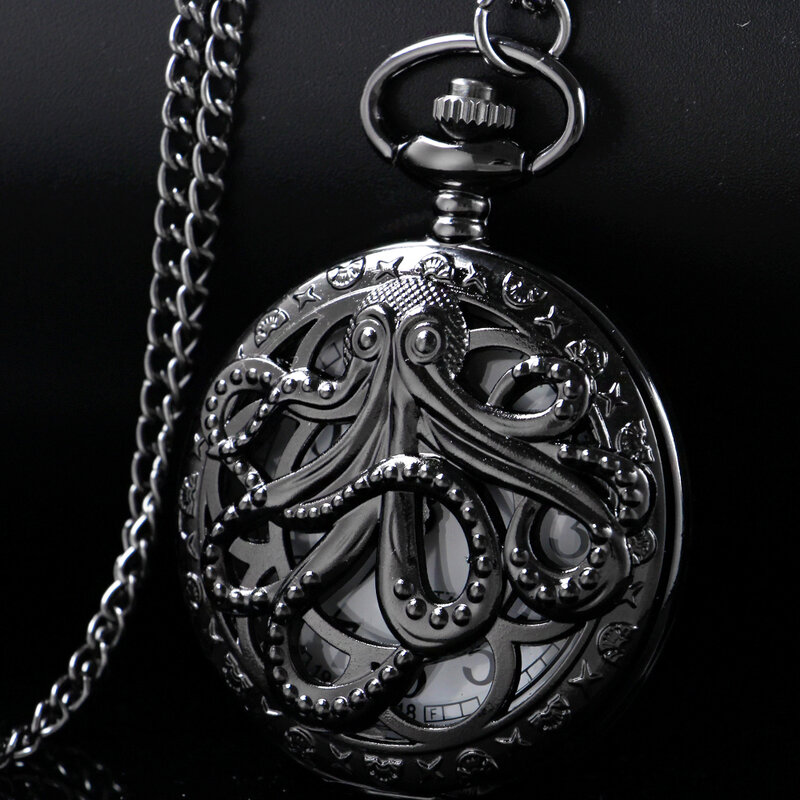 Винтажные кварцевые карманные часы в стиле темного монстра, осьминога, черные часы в стиле стимпанк на цепочке, подвесное ожерелье, мужской подарок для детей