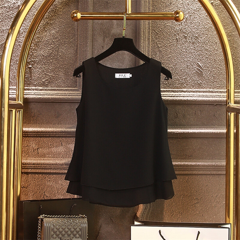 Женская шифоновая блузка без рукавов, однотонная Свободная блузка с круглым вырезом, 13 цветов, лето 2022