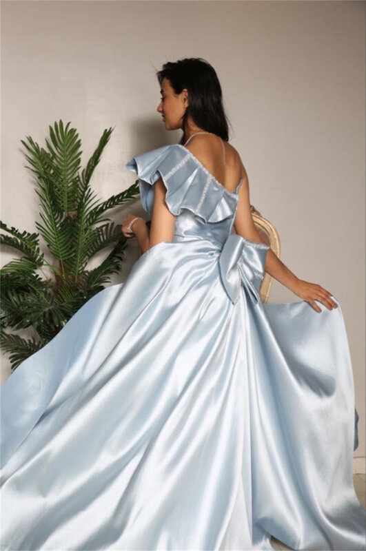 Vestido de noite feminino com um ombro, elegante vestido azul, vestido personalizado para ocasiões formais, comprimento de panturrilha, ocasião francesa, 2024