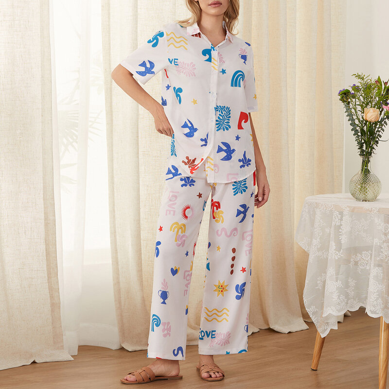 Conjunto casual de pijama feminino com 2 peças, manga curta, estampa dos desenhos animados, conjunto de calças e camisa de botão