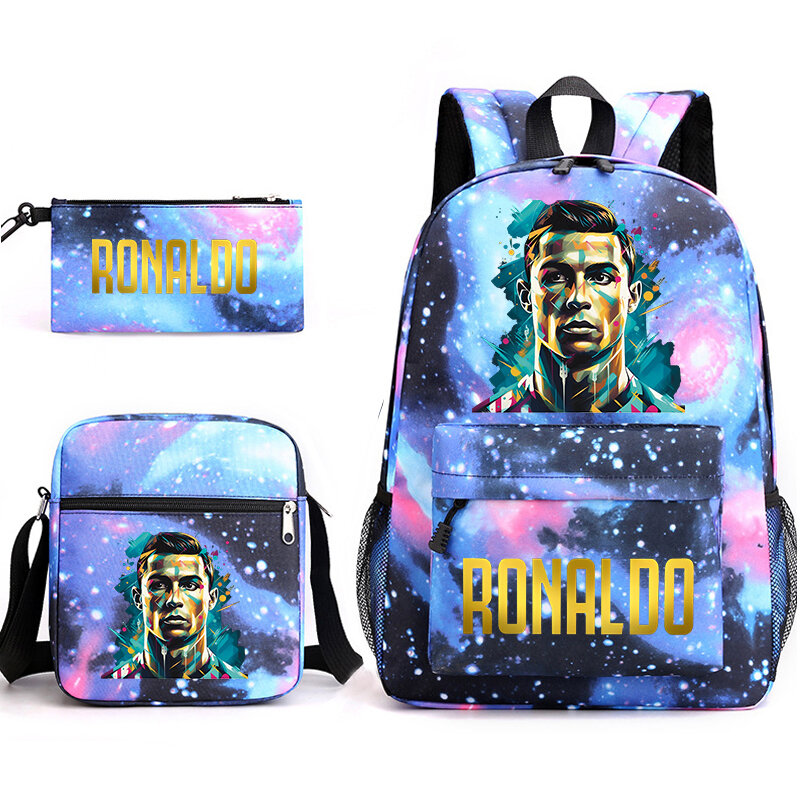 Ronaldo print youth backpack set student school bag pencil case shoulder bag 3-piece set