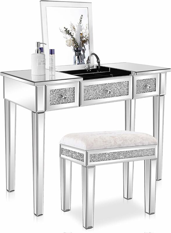 VINGLI lustrzane biurko z lusterkiem z klapką, toaletka do makijażu z iskrzącymi diamentami, srebro (ławka nie jest dołączona)
