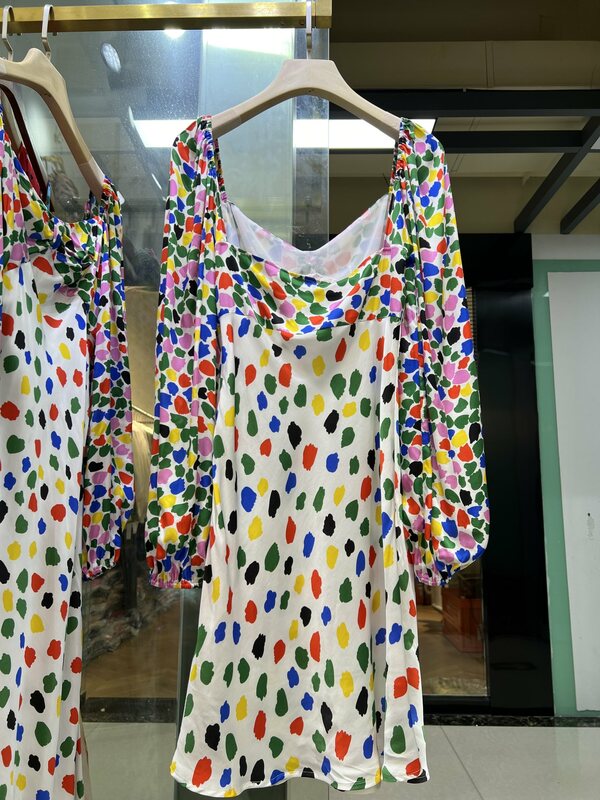 Women Sweetheart Neck Colorful Printed Long Sleeve Twill Cut Mini Dress