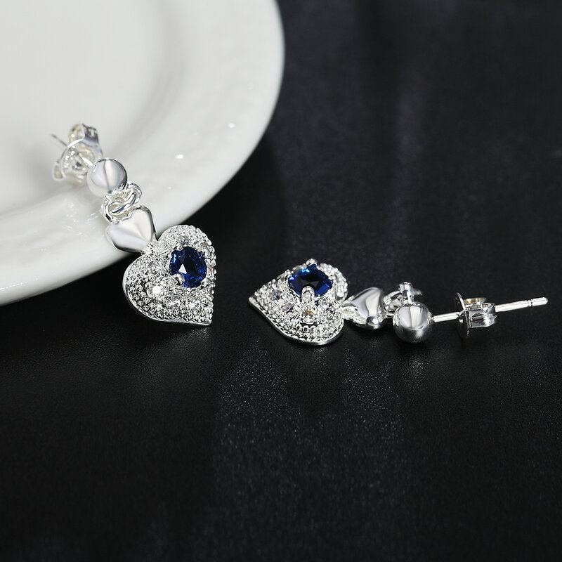 925เงินสเตอร์ลิง Luxury Blue Zircon โรแมนติกหัวใจต่างหูผู้หญิงแฟชั่นงานแต่งงานอุปกรณ์เสริมเครื่องประดับวันหยุดของขวัญ