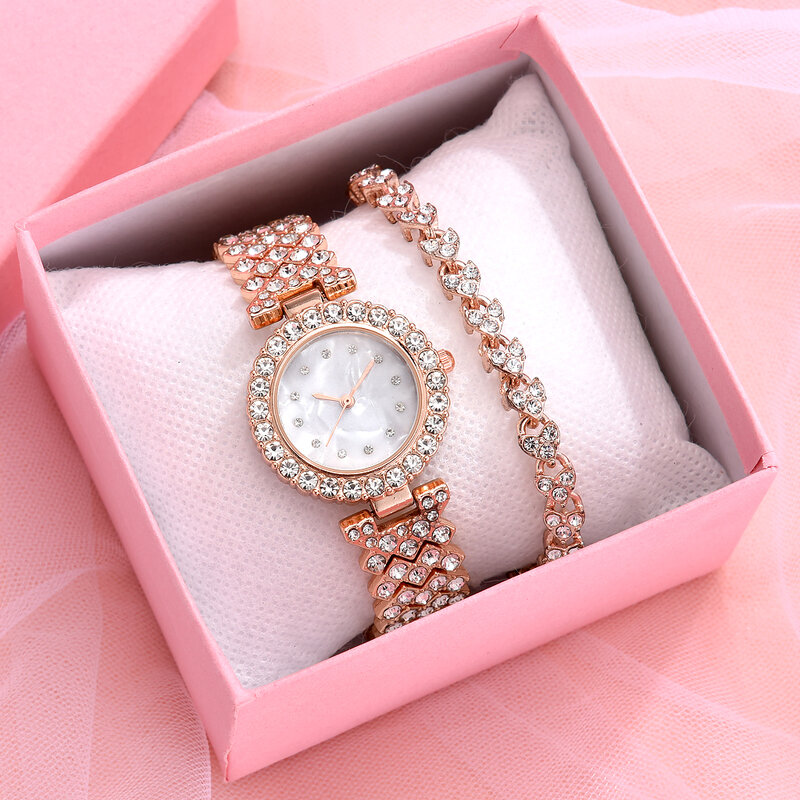 Conjunto de 2 piezas de Reloj de oro rosa de lujo para Mujer, Reloj de pulsera de diamantes de cuarzo para Mujer, relojes de pulsera elegantes para Mujer