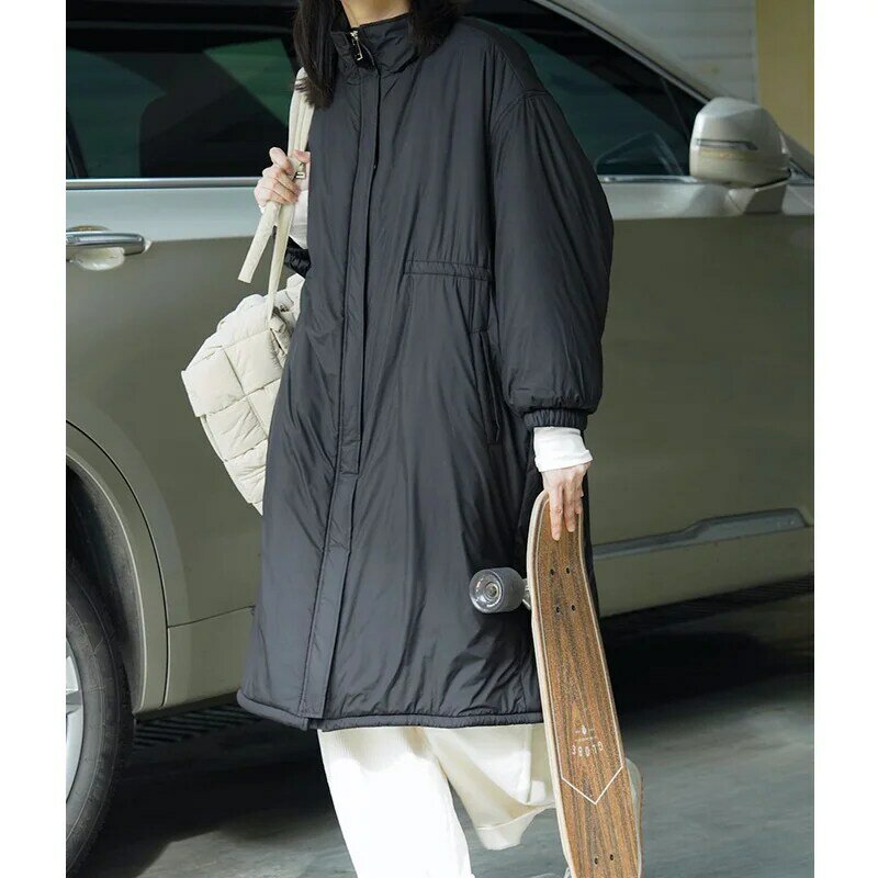 ENjoyce jaket panjang untuk wanita, jaket mantel musim dingin gaya Korea dengan kerah berdiri, parka kasual, mantel hangat lembut untuk wanita