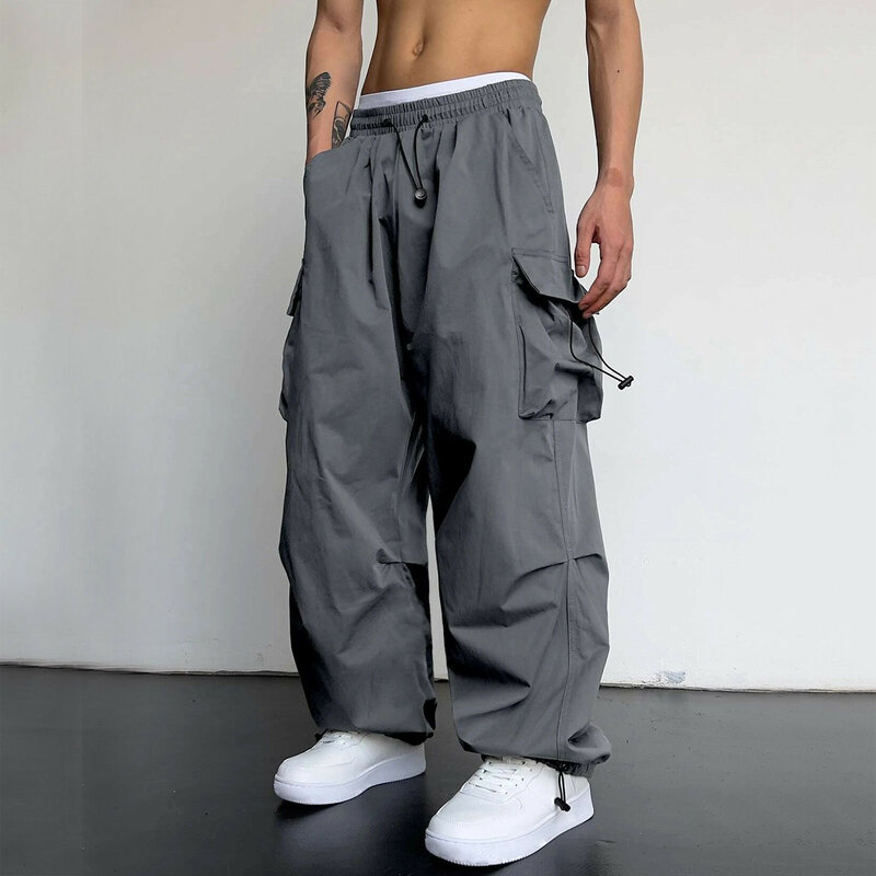 Harajuku calças grandes para homens, streetwear sólido, calças multi-flap bolso, casual, ao ar livre, solto, Y2k