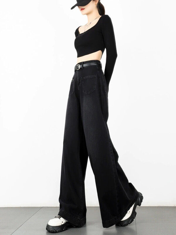 Pantalon large taille haute en denim noir, jean pleine longueur, simple, décontracté, cyber, hip hop, mode gothique, fjKorean, haute qualité