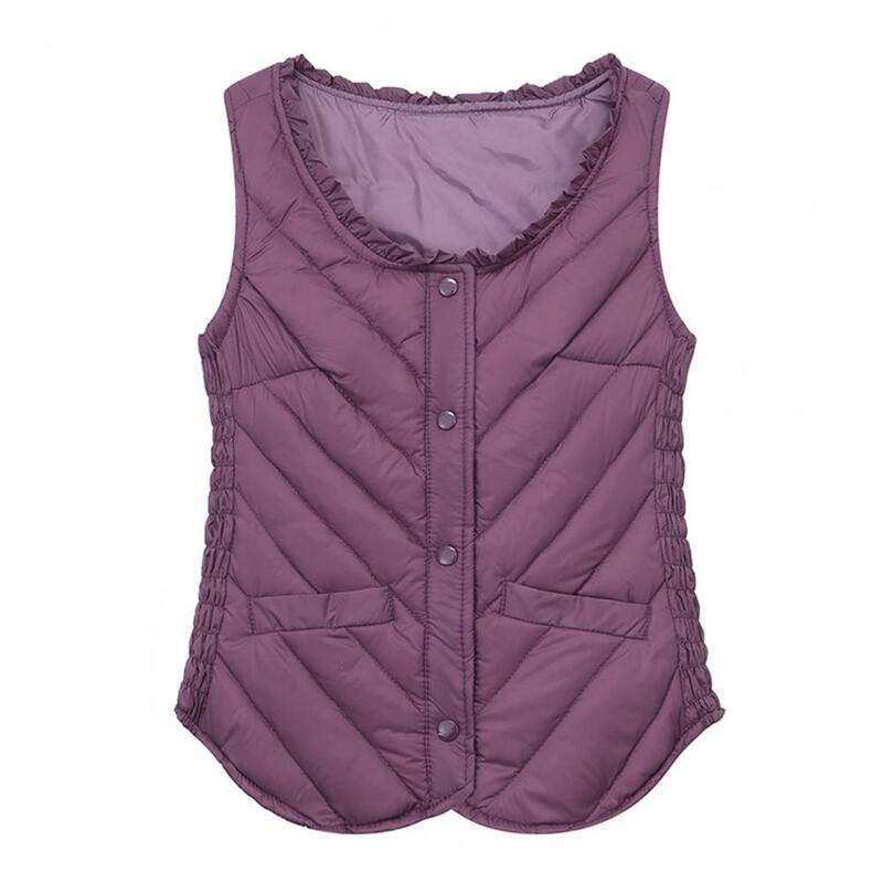 Fall Winter Vest Thick Padded Plush U Neck Sleeveless Solid Color Shirring Single-breasted Soft Warm Windproof  Waistcoat