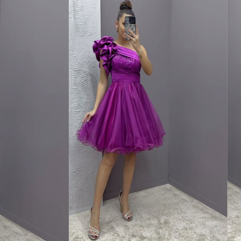 Tulle Sequined Ruffle Clubbing A-line One-shoulder Bespoke Occasion Gown  Knee Length Dresses