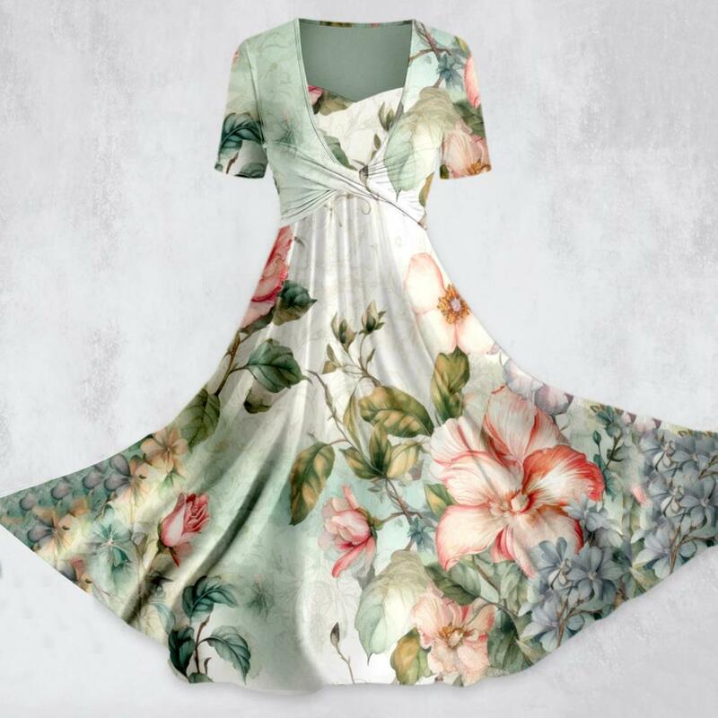 Gaun A-line wanita bergaya gaun Maxi kerah V wanita Set dengan selendang silang motif bunga untuk pakaian sehari-hari pakaian liburan kencan
