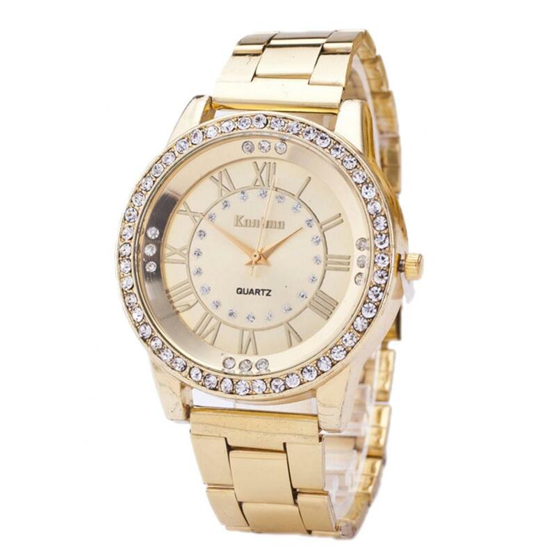 Fashion Quartz Wristwatches Women Roman Numerals Rhinestone Index Alloy Band Round Dial Quartz Wrist Watch