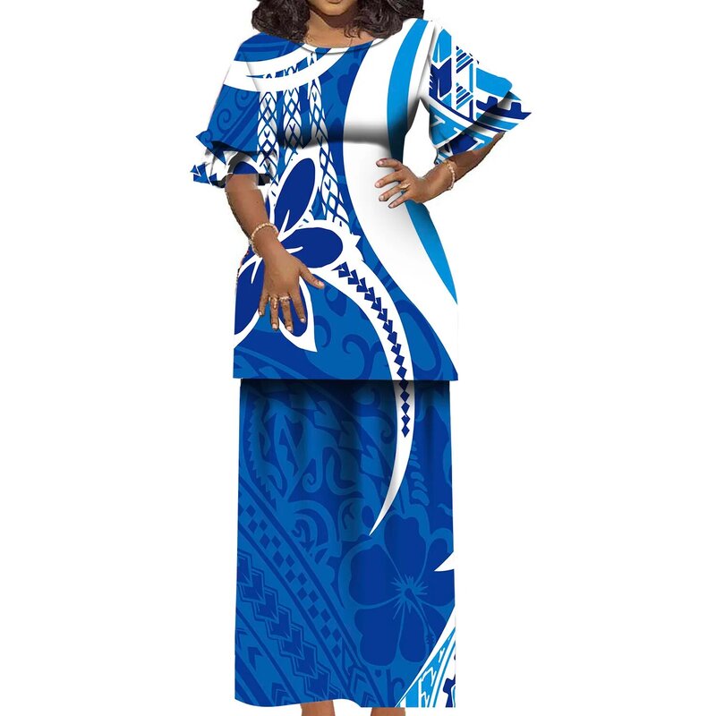 فستان نسائي طويل بأساور مكشكشة ، رقبة مستديرة ، تصميم منقوش حسب الطلب ، أنيق ، أزهار قبلية بولينيزية عرقية