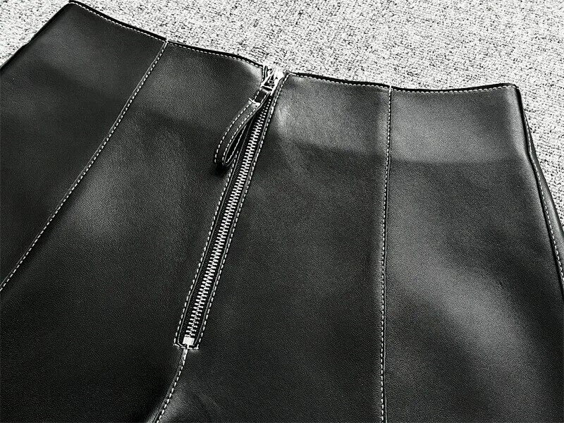 2024 neue Stil Frauen Reiß verschluss Knopfleiste Composite hohe Taille echte Schaffell Leder Shorts