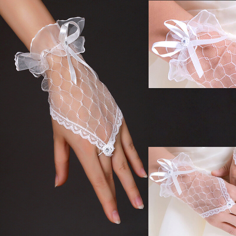 1 Pair Fingerless Bridal Gloves Women Short Paragraph Bowknot Rhinestone Lace Mittens White Black Red Wedding Party Accessories