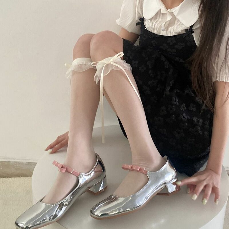 Balletcore Lolita Harajuku Kawaii Lace Sweet Korean Style Transparent Socks Y2K Stockings Women Calf Hosiery Ribbon Bow Socks