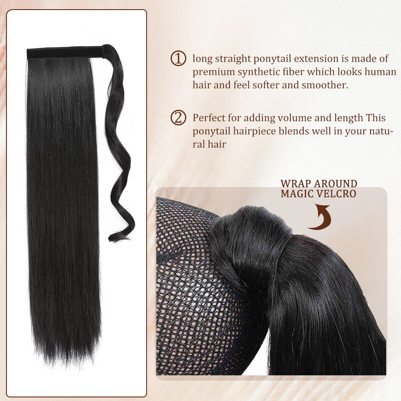 Extensiones sintéticas de cola de caballo larga recta para mujeres y niñas, pieza de cabello envolvente, pasta mágica, 24 y 18 pulgadas