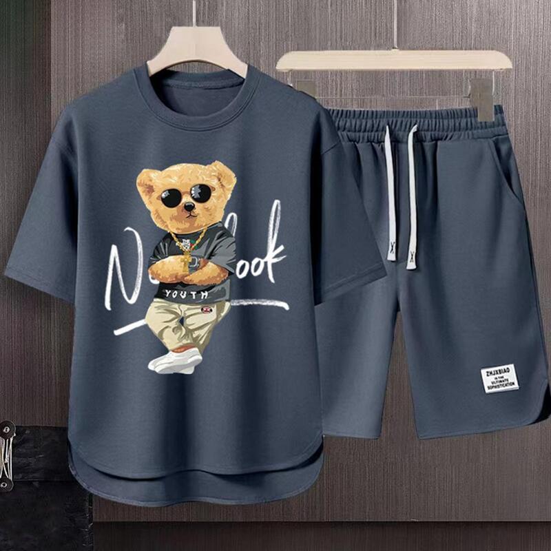Conjunto de camiseta estampada urso masculino, roupas esportivas, agasalho estampado urso dos desenhos animados, roupa esportiva de manga curta, verão