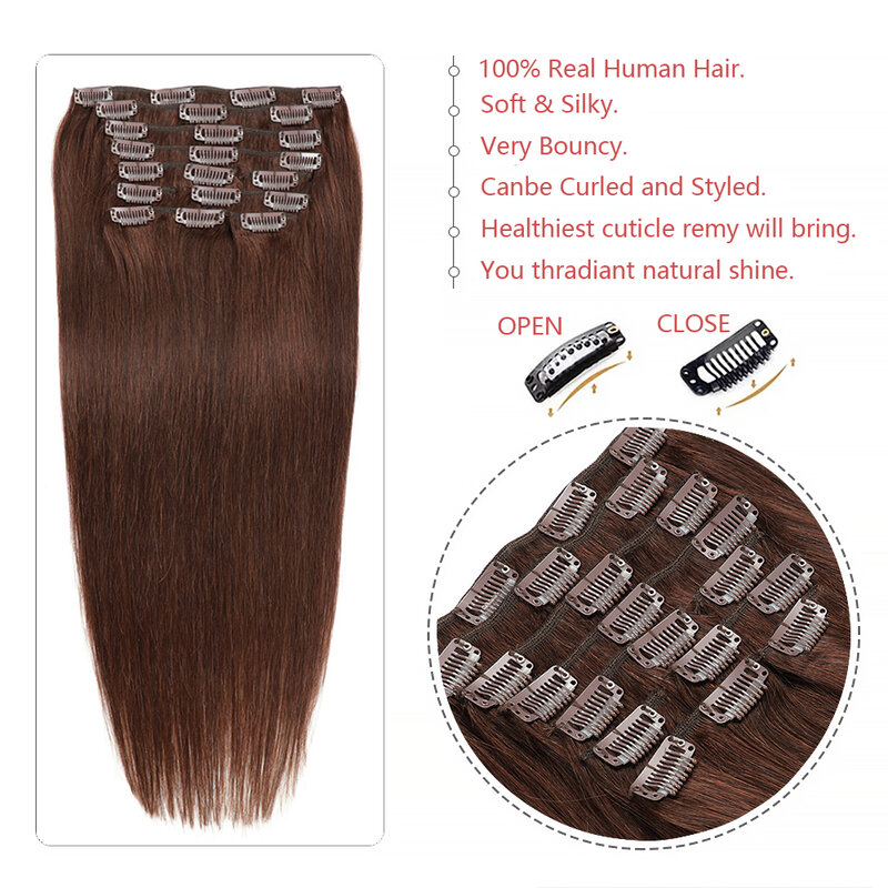 Clip In Hair Extensions For Women Double Weft Clip-On HairPiece Clip In Human Hair Extensions 100% Remy Hair Brown 16 to 24 Inch