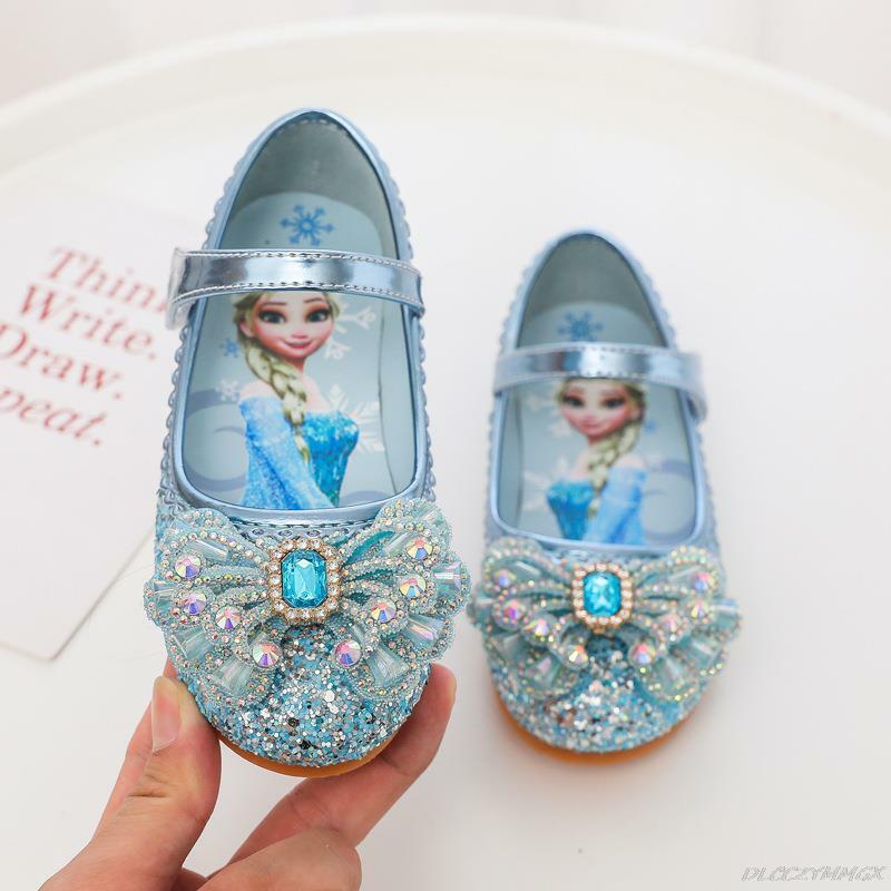 Desenhos animados infantis Elsa Soft Bottom Princess Shoes, Sapatos de cristal congelado, Couro Flat Flower Girl