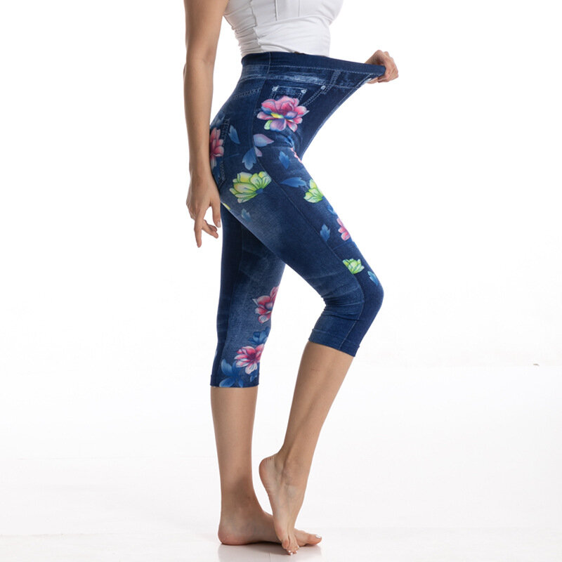 Vintage Gedruckt Nachahmung Denim Hohe Taille Leggings Elastische Hüfte Lift Capri Yoga Sportswear Pant Jeans Frauen Yoga Hosen