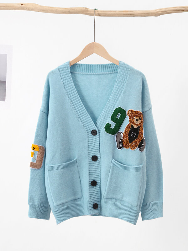 Cute Bear Print Cardigan Women 2023 Autumn V-neck Single Breasted Pocket Female Sweater Casual Preppy Chic Youth Girl Knit Tops