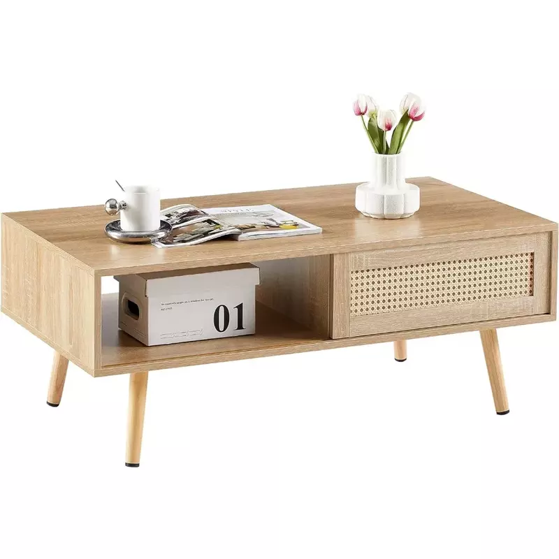 Coffee table modern rattan with sliding doors for storage, modern rectangular solid wood coffee table for living room