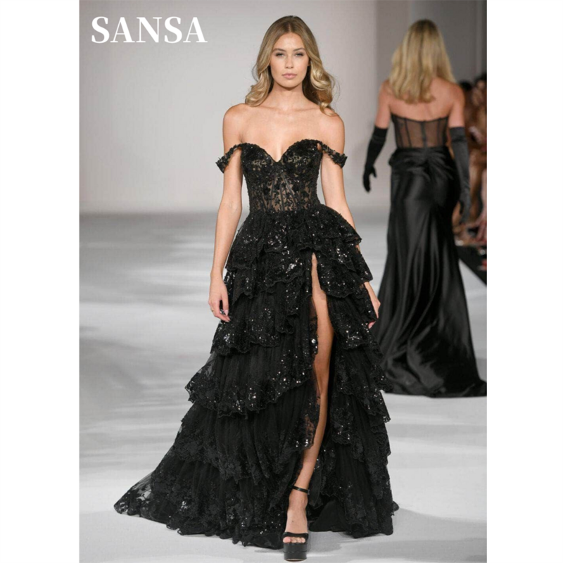 Sansa Luxury Gliiter Lace Prom Dress Black Embroidery Lace Vestidos De Noche Sexy Off Shoulder Edge Curl فساتين سهره فاخره