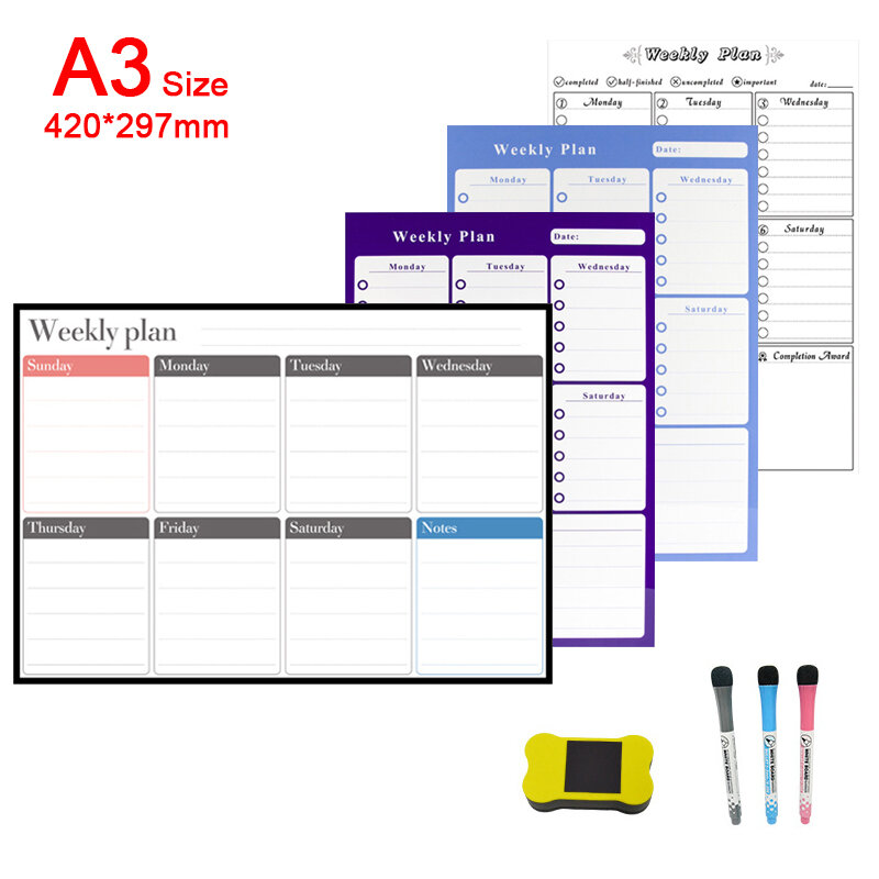A3 Dry Erase Magnetic Monthly Weekly Planner Calendar Markers Fridge Whiteboard,Erasable Magnet Daily  Memo Refrigerator Sticker
