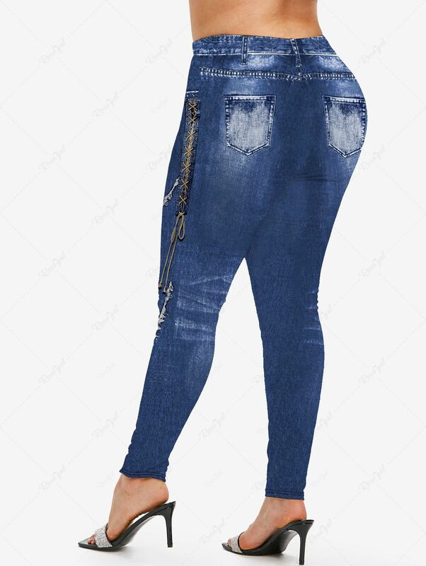 Conjunto de correspondência casual diário feminino, bolso jeans 3D, botões com renda, estampa ombre rasgada, camiseta ou leggings de mangas compridas